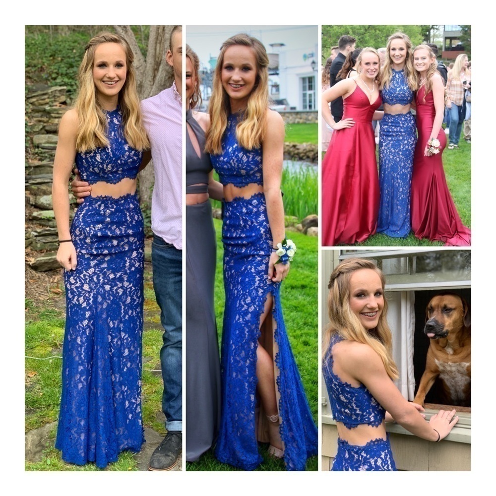Coya COLLECTION Royal Blue Lace Crop Top Two Piece Prom Dress